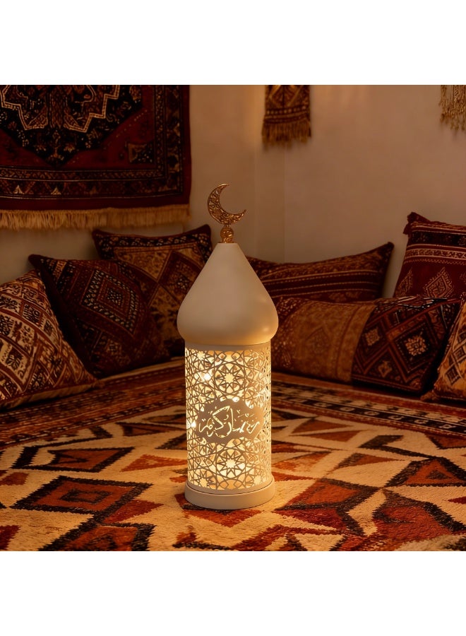 Ramadan Moroccan Lantern, White Hollow Out Metal LED Light with Gold Moon Topper for Indoor Outdoor Home Decor, Table Centerpieces, Ramadan, Eid, Wedding Decorations, FD778-M - Image 3